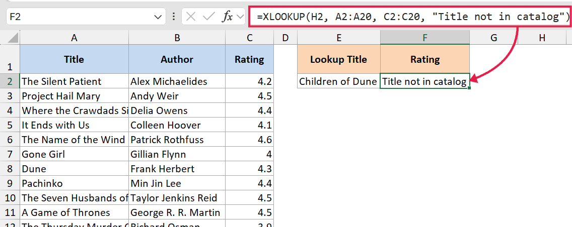 Excel XLOOKUP formula returning custom Title not in catalog text when a lookup value is not found in the source list