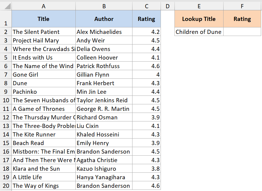 Excel table showing an XLOOKUP formula returning a custom Not Found message for the book Children of Dune