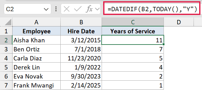 Excel formula bar showing =DATEDIF(B2,TODAY(),"Y") to calculate years of service from hire dates in a table