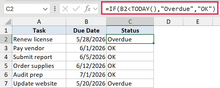 Excel formula bar showing IF function with TODAY to compare due dates and return Overdue or OK status in column C
