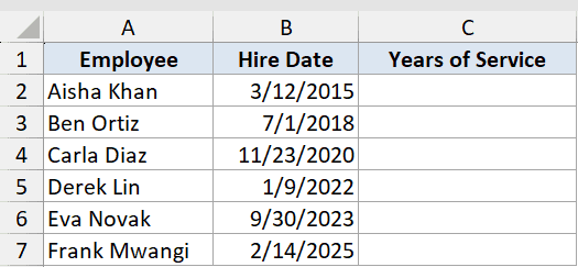 Today Function Dataset Example 4: Excel table with employee names and hire dates, needing years of service calculation
