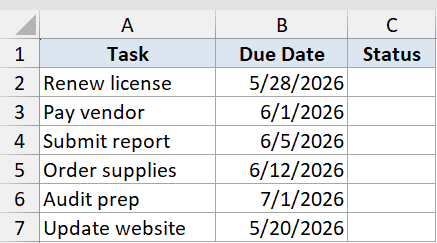 Excel table with Task, Due Date, and Status columns for a TODAY function dataset example