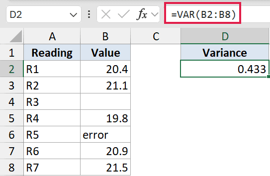 Excel formula bar showing =VAR(B2:B8) with the result 0.433 in cell D2 for a dataset containing an error value