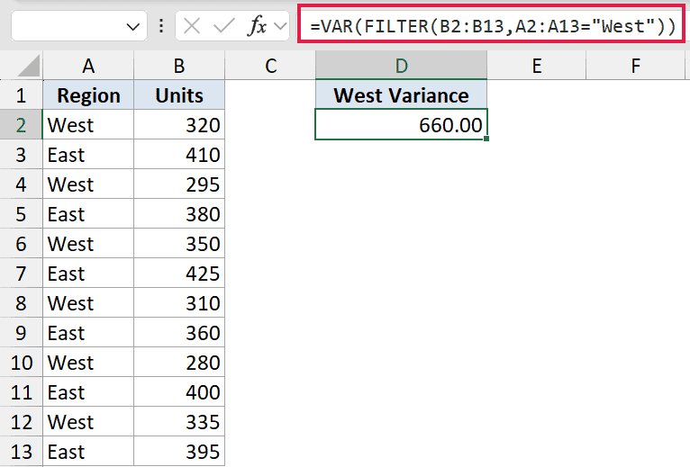 Excel formula bar showing VAR function nested with FILTER to calculate sample variance for West region data in cell D2