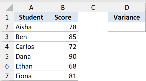 Var Function Dataset Example 1 showing an Excel table with student names in column A and their test scores in column B