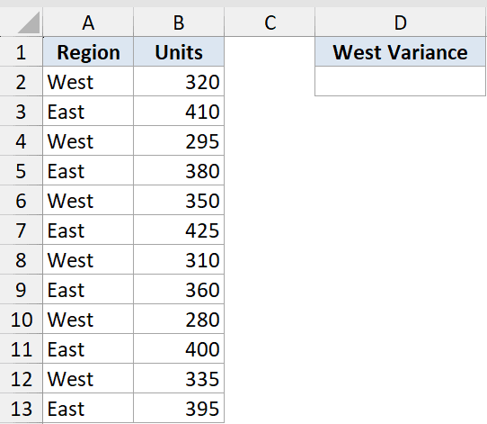 Var Function Dataset Example 4 showing a table with Region and Units columns and a West Variance header in Excel