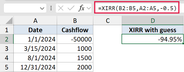 Excel formula bar showing XIRR(B2:B5,A2:A5,-0.5) with a resulting value of -94.95% in cell D2