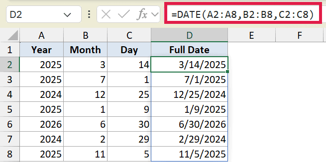 Excel formula =DATE(A2:A8, B2:B8, C2:C8) in cell D2 spilling results into cells D2 through D8