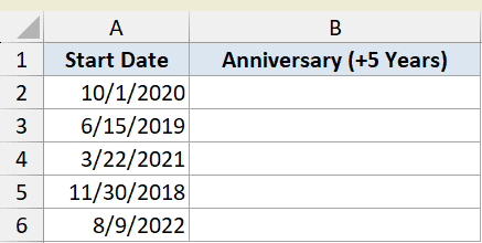 Excel dataset showing Start Date in column A and empty Anniversary (+5 Years) column B for DATE function tutorial