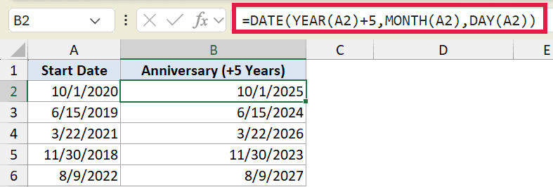 Excel formula =DATE(YEAR(A2)+5,MONTH(A2),DAY(A2)) used to add 5 years to dates in column A, showing results in column B