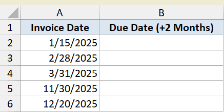 Excel dataset showing Invoice Date column with five dates and empty Due Date (+2 Months) column for DATE function example