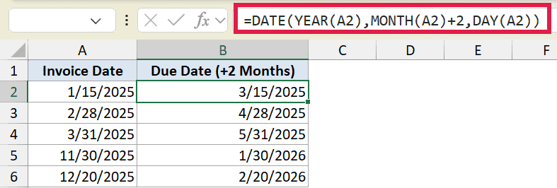 Excel formula =DATE(YEAR(A2),MONTH(A2)+2,DAY(A2)) calculating due dates two months after invoice dates in column B