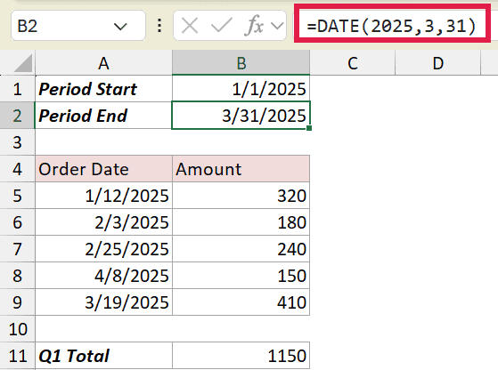 Excel formula bar showing =DATE(2025,3,31) to calculate the period end date of 3/31/2025 in cell B2