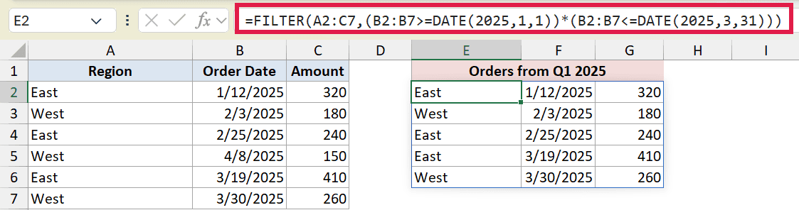 Excel formula bar showing FILTER function with DATE criteria to extract Q1 2025 orders into a new table range