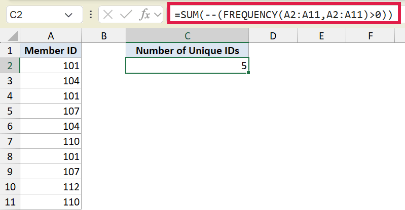 Excel formula using FREQUENCY to count 5 unique Member IDs from column A, displayed in cell C2