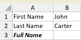 Excel dataset for LAMBDA example 2 showing First Name, Last Name, and Full Name labels with John Carter data