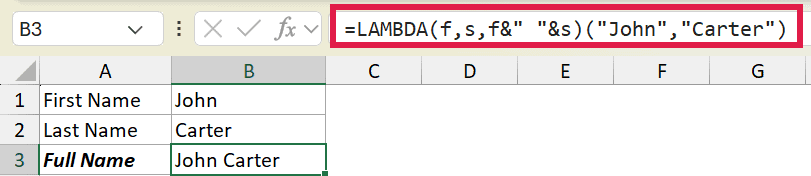 Excel formula bar showing a LAMBDA function to combine first and last names into a full name in cell B3