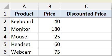 Excel dataset for LAMBDA example 3 with columns for Product, Price, and empty cells for Discounted Price