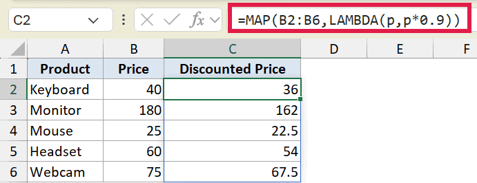 Excel formula bar showing MAP and LAMBDA functions to calculate a 10 percent discount for a list of product prices