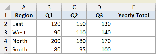 Excel dataset showing region sales for Q1, Q2, and Q3 with an empty Yearly Total column for LAMBDA function example 4