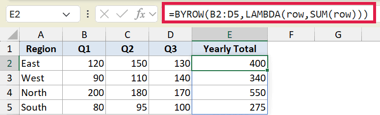 Excel formula bar showing BYROW and LAMBDA functions to calculate yearly totals for rows B2 to D5