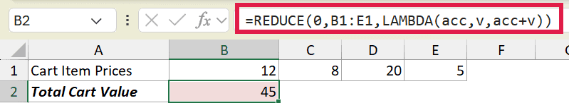 Excel formula bar showing REDUCE function with LAMBDA calculating a total of 45 from cart item prices in cells B1:E1