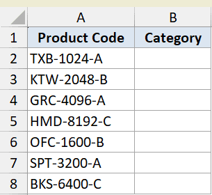 Excel dataset showing Product Code in column A with alphanumeric codes and an empty Category column B