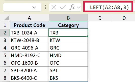 Excel formula bar showing =LEFT(A2:A8,3) to extract the first three characters of product codes into column B