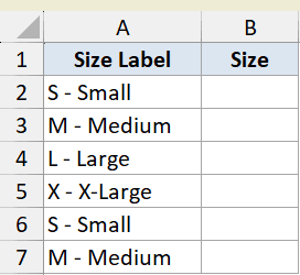 Excel dataset for LEFT function example 2 with Size Label in column A and empty Size column B
