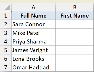 Excel dataset for LEFT function with Full Name in column A and empty First Name cells in column B