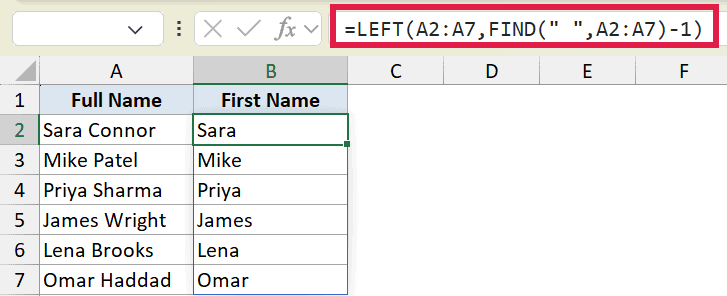 Excel formula using LEFT and FIND functions to extract first names from a list of full names in column A to column B