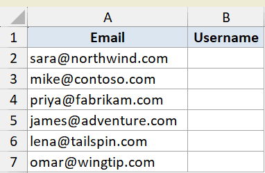 Excel dataset for LEFT function tutorial showing a list of email addresses in column A and empty Username cells in column B