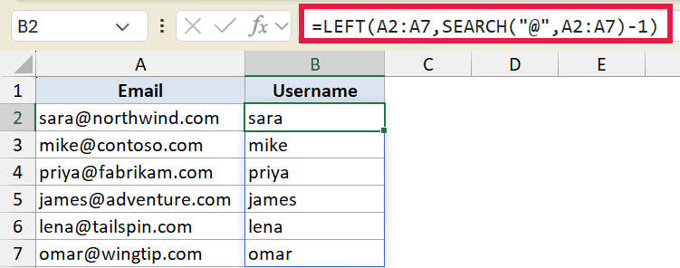Excel formula using LEFT and SEARCH to extract usernames from email addresses in column A to column B