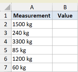 Excel LEFT function example 5 dataset showing column A with measurement values in kg and empty column B