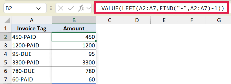 Excel formula using LEFT and FIND to extract numeric amounts from invoice tags in column A to column B