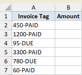 Excel dataset for LEFT function example showing Invoice Tags like 450-PAID and 1200-PAID in column A
