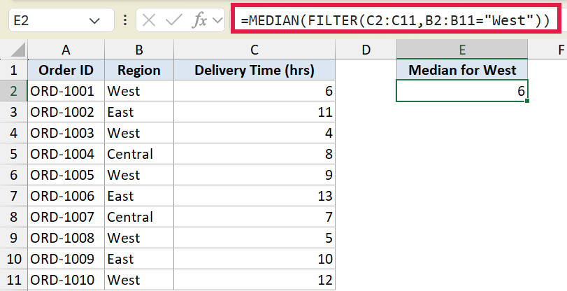 Excel formula =MEDIAN(FILTER(C2:C11,B2:B11=