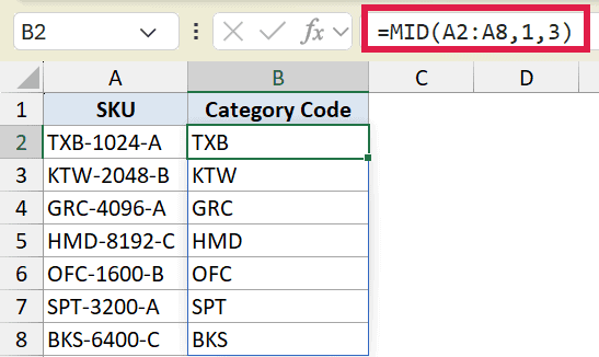 Excel formula bar showing =MID(A2:A8,1,3) used to extract category codes from SKU strings in column A to column B