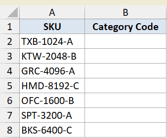 Excel dataset showing SKU codes in column A and an empty Category Code column B for MID function examples