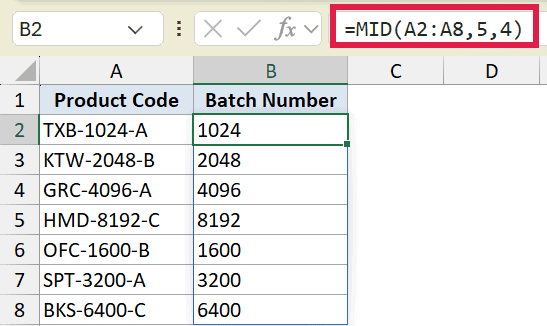 Excel formula bar showing =MID(A2:A8,5,4) to extract batch numbers from product codes in column A to column B