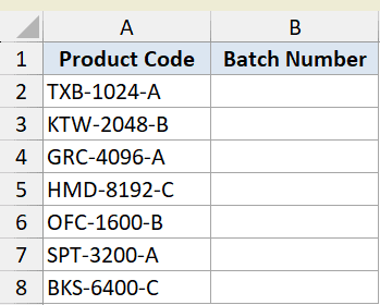 Excel dataset for MID function example showing Product Codes in column A and empty Batch Number cells in column B