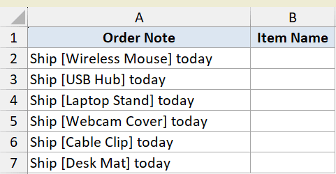Excel dataset showing Order Note column with bracketed item names and empty Item Name column for MID function example