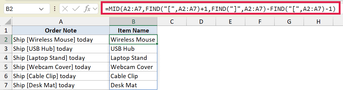 Excel formula bar showing MID and FIND functions to extract text between brackets from column A to column B
