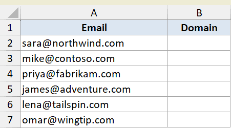 Excel dataset for MID function example showing email addresses in column A and empty Domain cells in column B