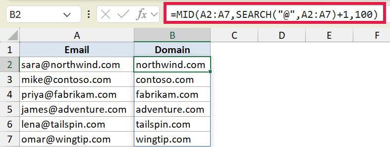 Excel formula using MID and SEARCH to extract domain names from a list of email addresses in column B