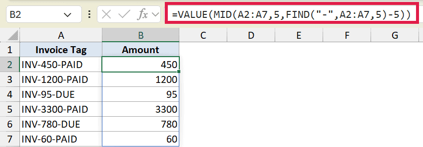 Excel formula using MID and VALUE to extract numeric amounts from invoice tags in column A into column B