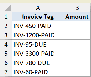 Excel dataset for MID function example 5 showing Invoice Tag column with mixed alphanumeric strings and empty Amount column