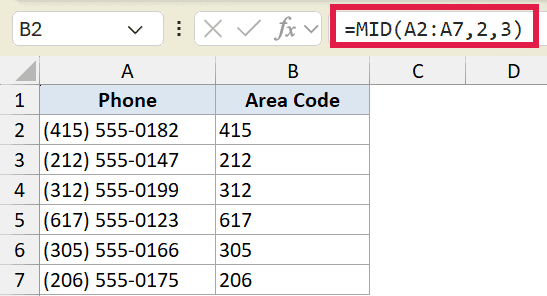 Excel formula bar showing =MID(A2:A7,2,3) to extract area codes from phone numbers in column A to column B
