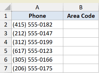 Excel dataset for MID function example 6 showing phone numbers in column A and empty area code cells in column B