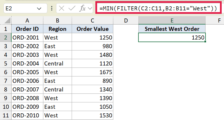 Excel formula =MIN(FILTER(C2:C11,B2:B11=